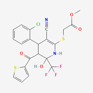 molecular formula C21H16ClF3N2O4S2 B11686286 Methyl {[4-(2-chlorophenyl)-3-cyano-6-hydroxy-5-(thiophen-2-ylcarbonyl)-6-(trifluoromethyl)-1,4,5,6-tetrahydropyridin-2-yl]sulfanyl}acetate 