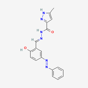 molecular formula C18H16N6O2 B11692966 N'-((1E)-{2-hydroxy-5-[(E)-phenyldiazenyl]phenyl}methylene)-3-methyl-1H-pyrazole-5-carbohydrazide 
