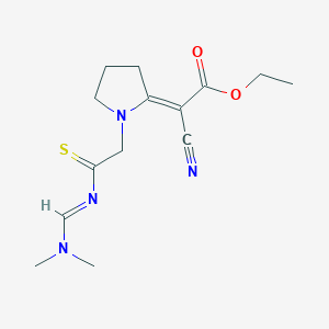 molecular formula C14H20N4O2S B011693 ethyl 2-cyano-2-[1-[2-(dimethylaminomethylideneamino)-2-sulfanylideneethyl]pyrrolidin-2-ylidene]acetate CAS No. 111038-14-3