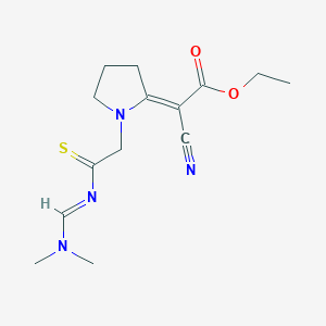molecular formula C14H20N4O2S B011693 ethyl (2E)-2-cyano-2-[1-[2-(dimethylaminomethylideneamino)-2-sulfanylideneethyl]pyrrolidin-2-ylidene]acetate CAS No. 111038-14-3