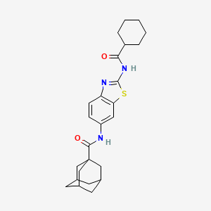 molecular formula C25H31N3O2S B11693957 N-(2-Cyclohexaneamido-1,3-benzothiazol-6-YL)adamantane-1-carboxamide 