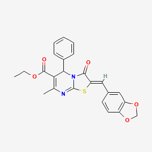 molecular formula C24H20N2O5S B11694247 ethyl (2Z)-2-(1,3-benzodioxol-5-ylmethylidene)-7-methyl-3-oxo-5-phenyl-2,3-dihydro-5H-[1,3]thiazolo[3,2-a]pyrimidine-6-carboxylate 