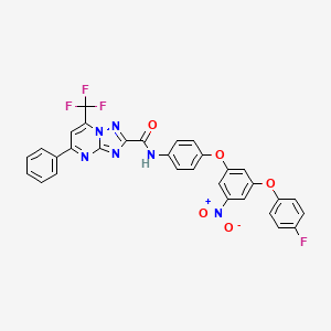 molecular formula C31H18F4N6O5 B11694255 N-{4-[3-(4-Fluorophenoxy)-5-nitrophenoxy]phenyl}-5-phenyl-7-(trifluoromethyl)-[1,2,4]triazolo[1,5-A]pyrimidine-2-carboxamide 