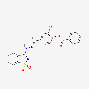 molecular formula C22H17N3O5S B11694303 4-{(E)-[2-(1,1-dioxido-1,2-benzothiazol-3-yl)hydrazinylidene]methyl}-2-methoxyphenyl benzoate 