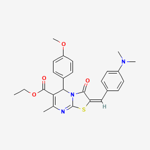 molecular formula C26H27N3O4S B11695380 ethyl (2E)-2-[4-(dimethylamino)benzylidene]-5-(4-methoxyphenyl)-7-methyl-3-oxo-2,3-dihydro-5H-[1,3]thiazolo[3,2-a]pyrimidine-6-carboxylate 