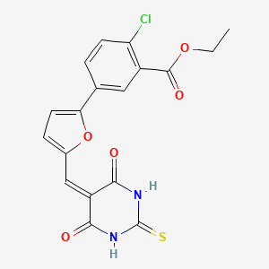 molecular formula C18H13ClN2O5S B11696665 ethyl 2-chloro-5-{5-[(4,6-dioxo-2-thioxotetrahydropyrimidin-5(2H)-ylidene)methyl]furan-2-yl}benzoate 