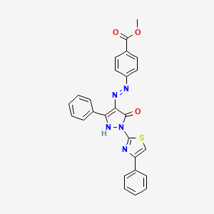 molecular formula C26H19N5O3S B11697189 methyl 4-{(2Z)-2-[5-oxo-3-phenyl-1-(4-phenyl-1,3-thiazol-2-yl)-1,5-dihydro-4H-pyrazol-4-ylidene]hydrazinyl}benzoate 