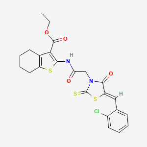 molecular formula C23H21ClN2O4S3 B11698356 Ethyl 2-(2-{5-[(2-chlorophenyl)methylene]-4-oxo-2-thioxo-1,3-thiazolidin-3-yl} acetylamino)-4,5,6,7-tetrahydrobenzo[b]thiophene-3-carboxylate 
