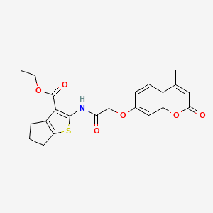 molecular formula C22H21NO6S B11698898 ethyl 2-{2-[(4-methyl-2-oxo-2H-chromen-7-yl)oxy]acetamido}-4H,5H,6H-cyclopenta[b]thiophene-3-carboxylate 