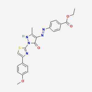 molecular formula C23H21N5O4S B11699492 ethyl 4-[(2E)-2-{1-[4-(4-methoxyphenyl)-1,3-thiazol-2-yl]-3-methyl-5-oxo-1,5-dihydro-4H-pyrazol-4-ylidene}hydrazinyl]benzoate 