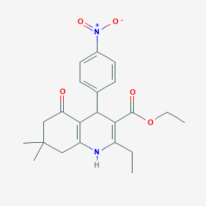 molecular formula C22H26N2O5 B11705022 Ethyl 2-ethyl-7,7-dimethyl-4-(4-nitrophenyl)-5-oxo-1,4,5,6,7,8-hexahydroquinoline-3-carboxylate 