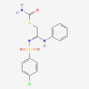 molecular formula C15H14ClN3O3S2 B11706176 S-[(2Z)-2-{[(4-chlorophenyl)sulfonyl]imino}-2-(phenylamino)ethyl] carbamothioate 