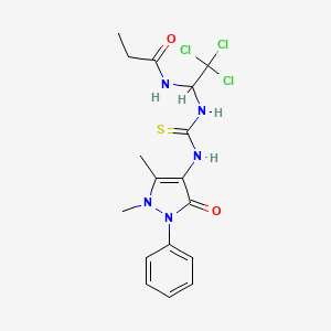 molecular formula C17H20Cl3N5O2S B11706510 N-{2,2,2-Trichloro-1-[3-(1,5-dimethyl-3-oxo-2-phenyl-2,3-dihydro-1H-pyrazol-4-yl)-thioureido]-ethyl}-propionamide 