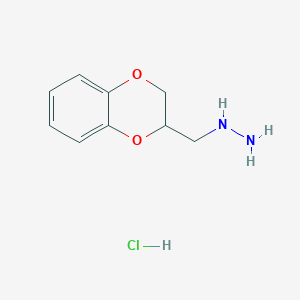 molecular formula C9H13ClN2O2 B11719583 ((2,3-Dihydrobenzo[b][1,4]dioxin-2-yl)methyl)hydrazine hydrochloride 