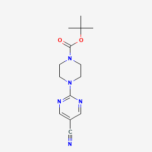 molecular formula C14H19N5O2 B11720208 2-(4-Boc-1-piperazinyl)pyrimidine-5-carbonitrile 