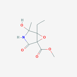 molecular formula C9H13NO5 B117268 6-Oxa-3-azabicyclo(3.1.0)hexane-1-carboxylic acid, 5-ethyl-4-hydroxy-4-methyl-2-oxo-, methyl ester CAS No. 142438-63-9