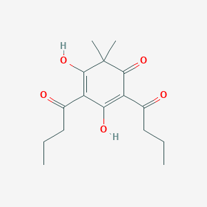 molecular formula C16H22O5 B11741605 2,6-Dibutanoyl-3,5-dihydroxy-4,4-dimethylcyclohexa-2,5-dien-1-one 