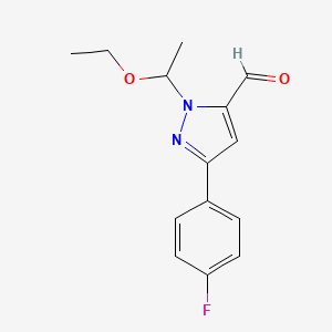 molecular formula C14H15FN2O2 B11746883 1-(1-Ethoxyethyl)-3-(4-fluorophenyl)-1H-pyrazole-5-carbaldehyde 