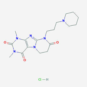 molecular formula C18H27ClN6O3 B117474 Pyrimido(2,1-f)purine-2,4,8(1H,3H,9H)-trione, 6,7-dihydro-1,3-dimethyl-9-(3-(1-piperidinyl)propyl)-, monohydrochloride CAS No. 148711-98-2