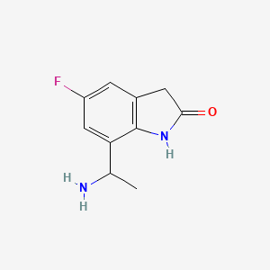 molecular formula C10H11FN2O B11752372 7-(1-aminoethyl)-5-fluoro-2,3-dihydro-1H-indol-2-one 