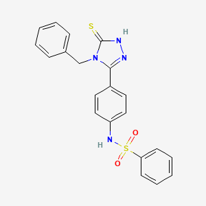 molecular formula C21H18N4O2S2 B11766524 N-(4-(4-Benzyl-5-mercapto-4H-1,2,4-triazol-3-yl)phenyl)benzenesulfonamide 