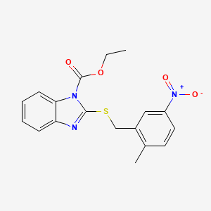 molecular formula C18H17N3O4S B11768099 Ethyl 2-((2-methyl-5-nitrobenzyl)thio)-1H-benzo[d]imidazole-1-carboxylate 