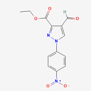 molecular formula C13H11N3O5 B11768688 Ethyl 4-formyl-1-(4-nitrophenyl)-1H-pyrazole-3-carboxylate 