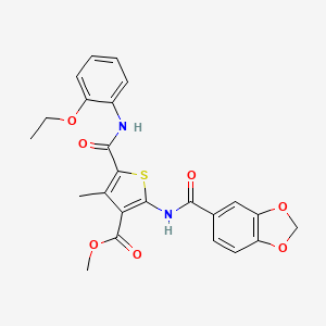 molecular formula C24H22N2O7S B11769596 Methyl 2-(benzo[d][1,3]dioxole-5-carboxamido)-5-((2-ethoxyphenyl)carbamoyl)-4-methylthiophene-3-carboxylate 