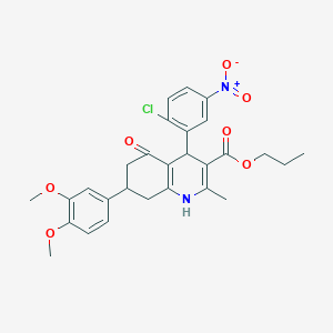 molecular formula C28H29ClN2O7 B11770143 Propyl 4-(2-chloro-5-nitrophenyl)-7-(3,4-dimethoxyphenyl)-2-methyl-5-oxo-1,4,5,6,7,8-hexahydroquinoline-3-carboxylate 