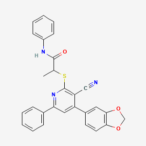 molecular formula C28H21N3O3S B11772316 2-((4-(Benzo[d][1,3]dioxol-5-yl)-3-cyano-6-phenylpyridin-2-yl)thio)-N-phenylpropanamide 