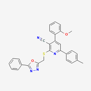 molecular formula C29H22N4O2S B11772590 4-(2-Methoxy-phenyl)-2-(5-phenyl-[1,3,4]oxadiazol-2-ylmethylsulfanyl)-6-p-tolyl-nicotinonitrile 