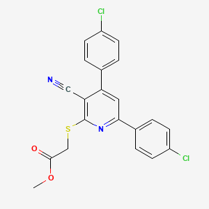 molecular formula C21H14Cl2N2O2S B11772851 Methyl 2-((4,6-bis(4-chlorophenyl)-3-cyanopyridin-2-yl)thio)acetate 