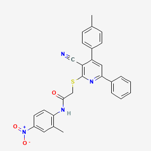 molecular formula C28H22N4O3S B11772929 2-((3-Cyano-6-phenyl-4-(p-tolyl)pyridin-2-yl)thio)-N-(2-methyl-4-nitrophenyl)acetamide 