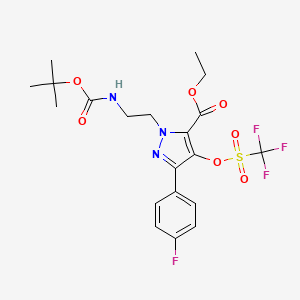 molecular formula C20H23F4N3O7S B11773270 Ethyl 1-(2-((tert-butoxycarbonyl)amino)ethyl)-3-(4-fluorophenyl)-4-(((trifluoromethyl)sulfonyl)oxy)-1H-pyrazole-5-carboxylate 