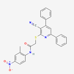 molecular formula C27H20N4O3S B11773343 2-((3-Cyano-4,6-diphenylpyridin-2-yl)thio)-N-(2-methyl-4-nitrophenyl)acetamide 