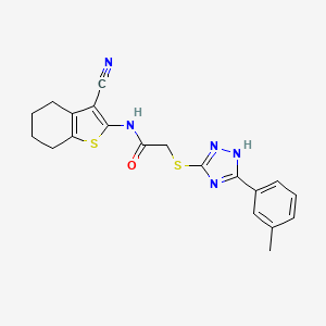 molecular formula C20H19N5OS2 B11773866 N-(3-Cyano-4,5,6,7-tetrahydrobenzo[b]thiophen-2-yl)-2-((3-(m-tolyl)-1H-1,2,4-triazol-5-yl)thio)acetamide 