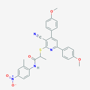 molecular formula C30H26N4O5S B11774266 2-((3-Cyano-4,6-bis(4-methoxyphenyl)pyridin-2-yl)thio)-N-(2-methyl-4-nitrophenyl)propanamide 