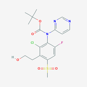 molecular formula C18H21ClFN3O5S B11775094 tert-Butyl (2-chloro-6-fluoro-3-(2-hydroxyethyl)-4-(methylsulfonyl)phenyl)(pyrimidin-4-yl)carbamate 