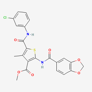 molecular formula C22H17ClN2O6S B11775300 Methyl 2-(benzo[d][1,3]dioxole-5-carboxamido)-5-((3-chlorophenyl)carbamoyl)-4-methylthiophene-3-carboxylate 
