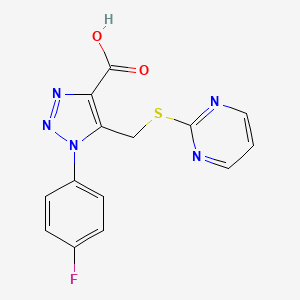 molecular formula C14H10FN5O2S B11789100 1-(4-Fluorophenyl)-5-((pyrimidin-2-ylthio)methyl)-1H-1,2,3-triazole-4-carboxylic acid 