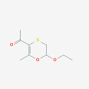 molecular formula C9H14O3S B117952 Ethanone, 1-(6-ethoxy-5,6-dihydro-2-methyl-1,4-oxathiin-3-yl)-(9CI) CAS No. 152420-84-3