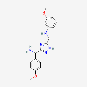 molecular formula C18H21N5O2 B11796751 N-((3-(Amino(4-methoxyphenyl)methyl)-1H-1,2,4-triazol-5-yl)methyl)-3-methoxyaniline 