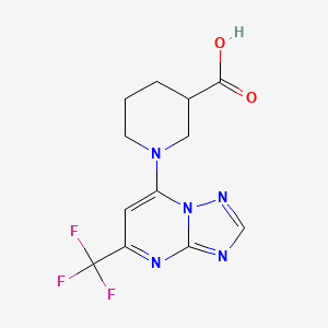 molecular formula C12H12F3N5O2 B11796988 1-(5-(Trifluoromethyl)-[1,2,4]triazolo[1,5-a]pyrimidin-7-yl)piperidine-3-carboxylic acid 