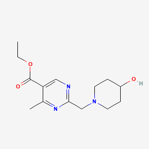 molecular formula C14H21N3O3 B11801532 Ethyl 2-((4-hydroxypiperidin-1-yl)methyl)-4-methylpyrimidine-5-carboxylate 