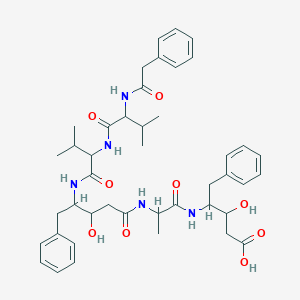 molecular formula C43H57N5O9 B118016 3-Hydroxy-4-[2-[[3-hydroxy-4-[[3-methyl-2-[[3-methyl-2-[(2-phenylacetyl)amino]butanoyl]amino]butanoyl]amino]-5-phenylpentanoyl]amino]propanoylamino]-5-phenylpentanoic acid CAS No. 158335-52-5