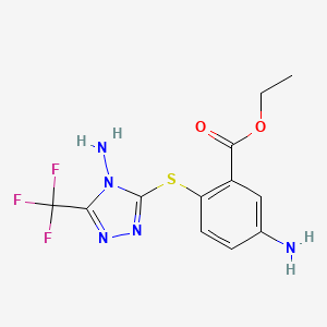 molecular formula C12H12F3N5O2S B11804962 Ethyl 5-amino-2-((4-amino-5-(trifluoromethyl)-4H-1,2,4-triazol-3-yl)thio)benzoate 