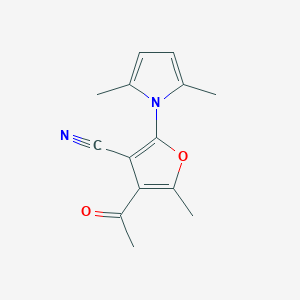 molecular formula C14H14N2O2 B11805606 4-Acetyl-2-(2,5-dimethyl-1H-pyrrol-1-yl)-5-methylfuran-3-carbonitrile 