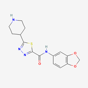 molecular formula C15H16N4O3S B11812509 N-(Benzo[d][1,3]dioxol-5-yl)-5-(piperidin-4-yl)-1,3,4-thiadiazole-2-carboxamide 