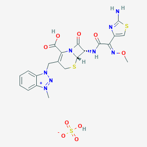 molecular formula C21H20N8O5S2.H2O4S B118162 (6R,7R)-7-(Z-2-(2-Aminothiazol-4-yl)-2-methoxyacetamido)-3-((1-methylbenzotriazol-3-ium)methyl)-ceph-3-em-4-carboxylate monosulfate CAS No. 148098-42-4