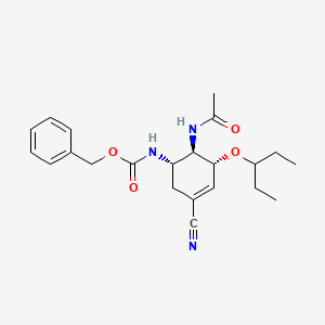molecular formula C22H29N3O4 B11826456 Carbamic acid, N-[(1S,5R,6R)-6-(acetylamino)-3-cyano-5-(1-ethylpropoxy)-3-cyclohexen-1-yl]-, phenylmethyl ester 